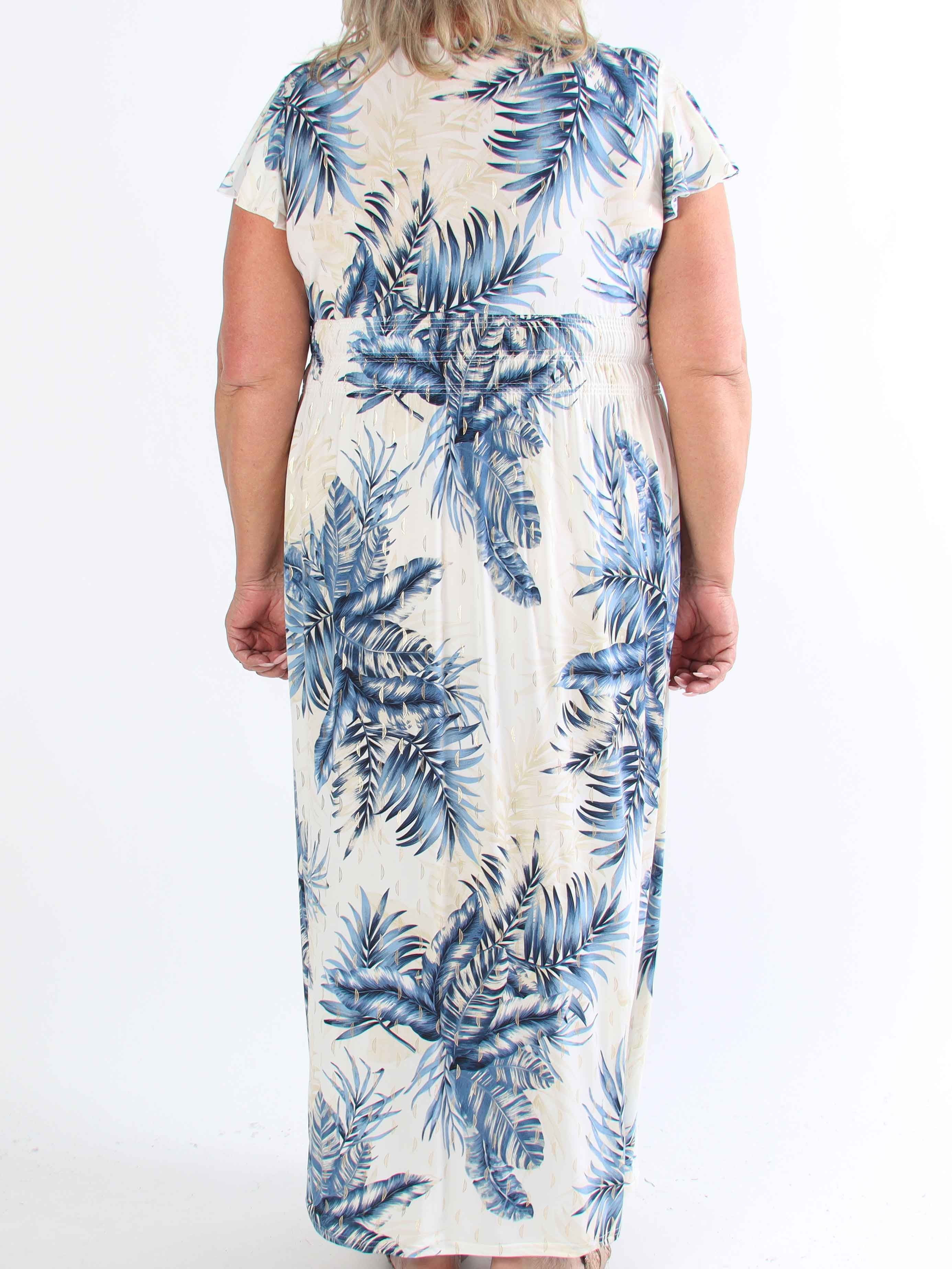 Palma - Elastisk klänning i plus size med blad och volangärmar